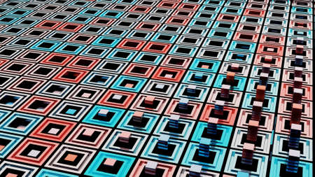 Abstract colorful surface with square shaped holes and growing pillars from each of them. Design. 3D texture with colorful rectangles.の写真素材