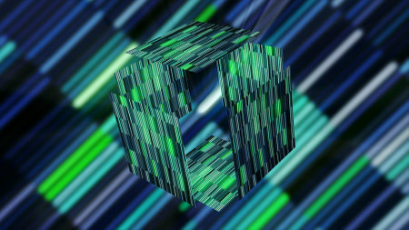 Opening gift in game. Motion. Futuristic glowing box for game gift. Glowing striped cube opens in computer spaceの写真素材