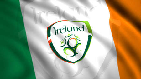 Waving flag of country with football club. Motion. Beautifully moving in wind flag with emblem of football team. Flag of Irish football teamのeditorial素材