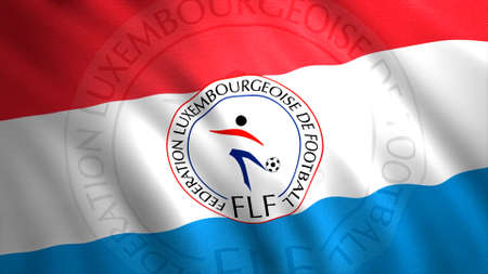Waving flag of country with football club. Motion. Beautifully moving in wind flag with emblem of football team. Flag of Luxembourg football teamのeditorial素材