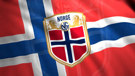Flag of football team in championship. Motion. 3D animation of beautifully waving flag with of football team. Flag of Norwegian national football teamのeditorial素材