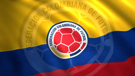 Colombia national football team flag waving animation with a red ball in the middle. Motion. Yellow, blue, and red realistic flag, seamless loop. For editorial use only.のeditorial素材
