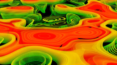 Digital abstract animation with kaleidoscopic red, yellow, and green transforming shapes. Design....