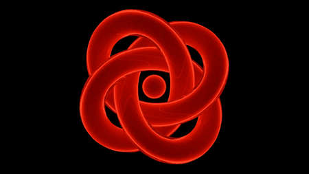 Twisted metal glowing red tubes on a black background spinning around the small sphere. Design. Metal tangle rotating around the ball.の写真素材