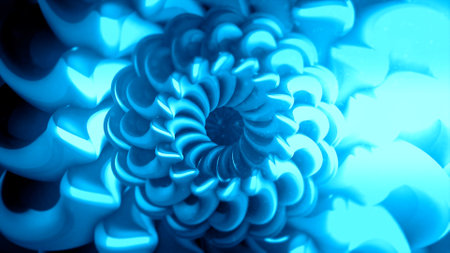 Background . Motion. A twisted spiral in the form of violets of blue and orange color rotates from small to large.の写真素材