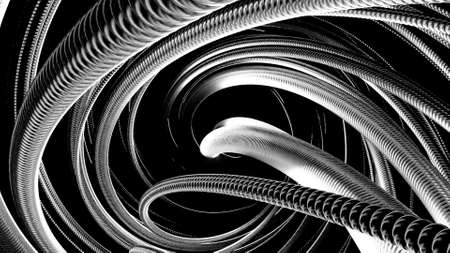 Twisted metal silver tube on a black background. Design. Metal tangle is unraveling and...