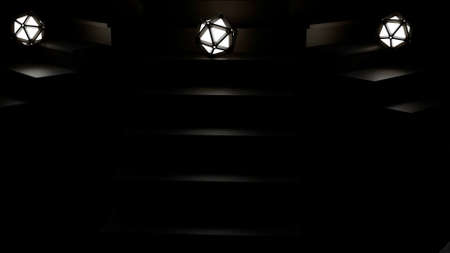 Abstract lanterns rolling down the stairs, monochrome. Design. Light bulbs surrounded by black luminaires falling down in the dark.の写真素材