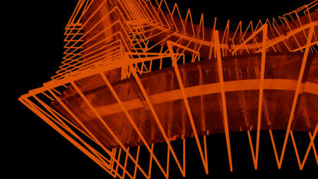 Bright orange abstraction. Design. Neon triangular rings move through the tube at high speed .