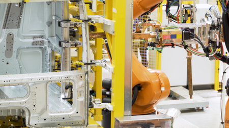 Robotic technology in production of machine parts. Scene. Robotic machines are working on creation...