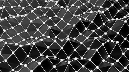 Mesh surface with wavy surface vibrations. Design. 3D surface with vibrations and wavy bumps. Waves on surface with grid in cyberspaceの写真素材