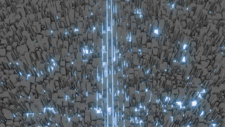 Aerial top view of an abstract layout of the city with moving neon lines looking like scanning....