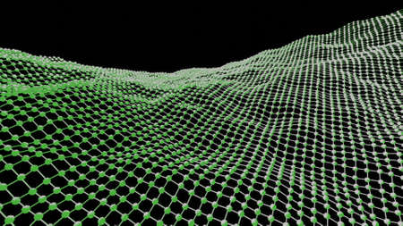 Mesh wavy surface moves on black background. Design. Virtual surface grid in cyberspace. Mesh...