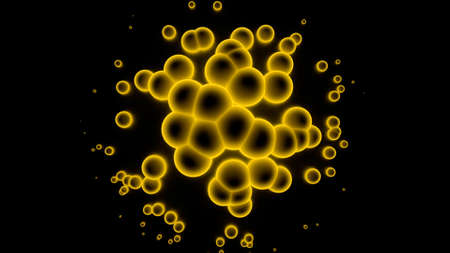 Yellow molecules seem to be in abstraction. Design. Yellow bright circles running on a black empty...