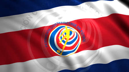 Abstract Costa Rica national football team flag with the emblem of a man kicking the ball. Motion. Concept of sport. For editorial use only.のeditorial素材
