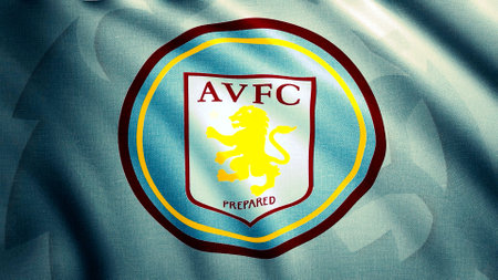 Abstract waving Aston Villa Football Club Flag, seamless loop. Motion. Colorful moving flag cloth...
