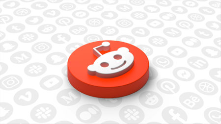Abstract Reddit internet forum icon on the background of flowing famous social networks. Motion....