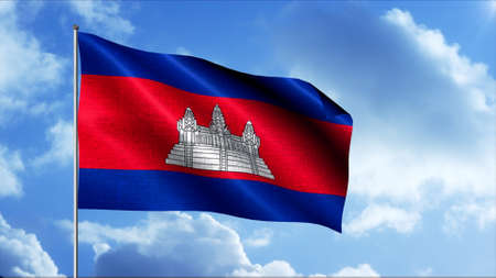 Flag of Cambodia. Motion. The modern flag of the Kingdom of Cambodia is a panel with three horizontal stripes of blue and red of different sizes in the center with a white palace. High quality 4k footageの写真素材