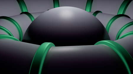 Abstract black sphere with 3D black and green rings rotating into the different directions. Design....