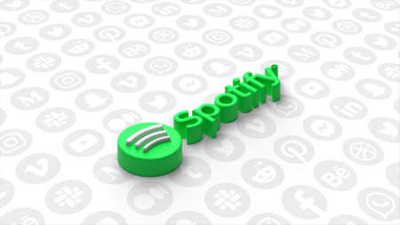 Logo of music streaming app Spotify formed by green dust. Motion. Spotify symbol on the background of social media. For editorial use only.のeditorial素材