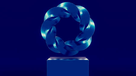 Abstract blue twisted ring levitating above the pedestal. Design. Spinning flower shaped ring on a...