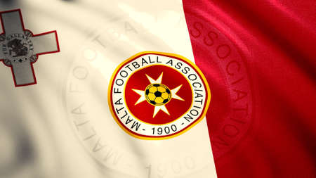 3D flag with football emblem of team. Motion. Flag of national or state football team. Coat of arms of football team on flag of Maltaの写真素材