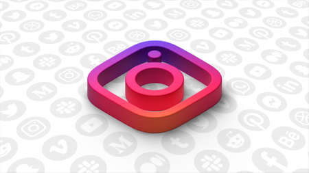 The Instagram logo. Motion. A colorful pink icon appearing and disintegrating into particles.のeditorial素材