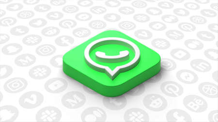 Abstract WhatsApp logo on a white background with symbols of popular web sites and social networks. Motion. Messenger logotype. For editorial use only.のeditorial素材