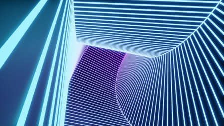 Neon blue bright tunnel.Design.An abstraction that shimmers with different colors and turns over all eighty degrees inside.の写真素材
