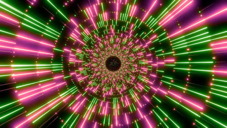 Flying inside colorful flashing time and space neon tunnel, seamless loop. Design. Abstract round...