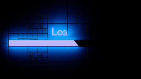 Download speedometer.Design. The footage on which in abstraction the loading is made with blue light, which runs very fast and the letters LOADING appear.の写真素材