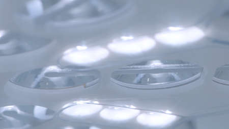 Detail of the operating surgeon lamp. Action. Close up of glowing lamp at the hospital.