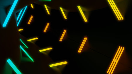 Driving through dark tunnel with neon lines. Design. Dizzying tunnel with multicolored stripes. Neon tubes in dark 3d tunnelの写真素材