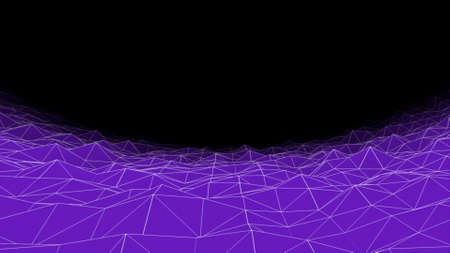 Flying above plexus grid landscape on a dark background, seamless loop. Animation. Futuristic background with uneven bright surface.の写真素材