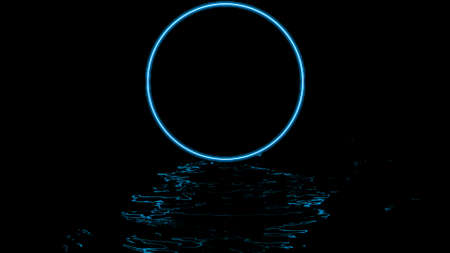 Abstract blue circle in the center.Design. Blue circle in the abstract consisting of neon rays on a black background with water at the bottom.の写真素材