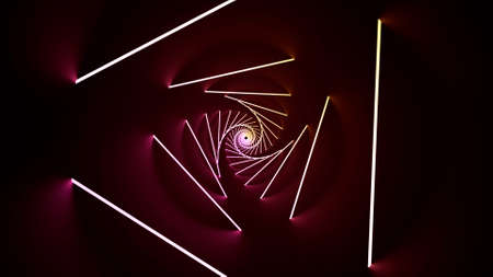 Violet large triangles with bright illumination. Design. Bright lines and triangles creating a tunnel in a black background in animation.の写真素材