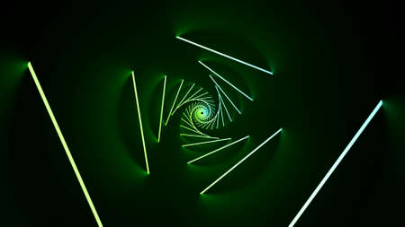 Geometric spiral of 3d neon stripes. Design. Lamps in 3d tunnel rotate in spiral. Neon lamps rotating in spiral are connected in trianglesの写真素材