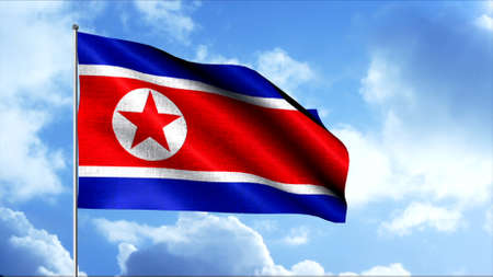 The flag of the DPRK. Motion.The national flag of the Democratic People's Republic of Korea is a rectangular panel with 5 horizontal stripes of various widths and a red star in a white circle depicted on the flag.の写真素材