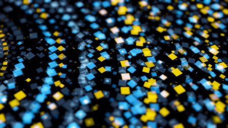 Abstract bright neon circles consisting of small multicolored geometric figures and moving chaotically in the dark. Animation. Disco dancing and electronic music backgroundの写真素材