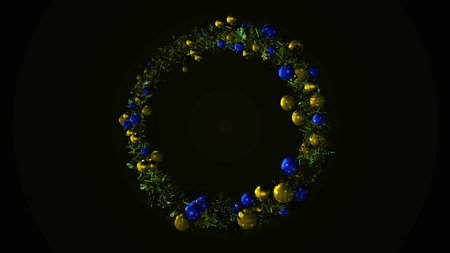 Abstract animation of the beautiful green Christmas wreath decorated by multicolored shiny balls of different sizes rotating on the dark background. Animation. Amazing Christmas animated backgroundの写真素材
