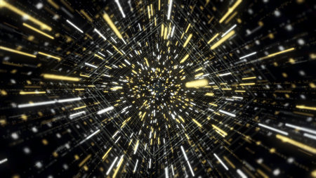 Colorful futuristic animation of sci-fi endless tunnel on the black background. Animation. Hypnotic abstract animation of holographic corridor or tunnel with neon geometric patterns and linesの写真素材