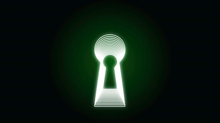 Abstract animation of neon keyhole icon forming the tunnel on black background. Animation. Concept of accessの写真素材