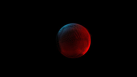 Abstract animation of rotating sphere decaying into multicolored moving particles on black background. Animation. Technology and science backdrop.の写真素材