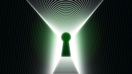 Abstract animation of neon keyhole icon forming the tunnel on black background. Animation. Concept of accessの写真素材