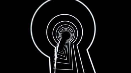 Abstract animation of neon keyhole icon forming the tunnel on black background. Animation. Concept of accessの写真素材
