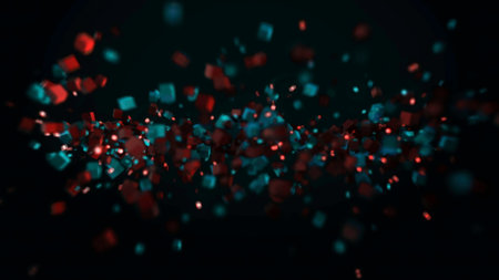 Abstract particle background, a lot of small details and elements flying into one line. Animation. Moving colorful squares forming one stripe isolated on black background.の写真素材