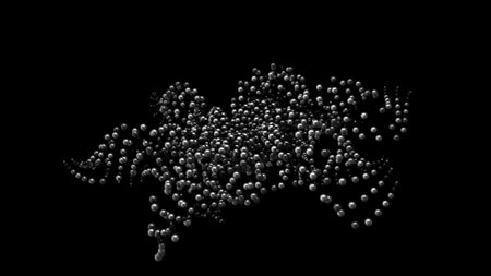 Abstract animation of monochrome patterns of small beads rotating and floating on the black...
