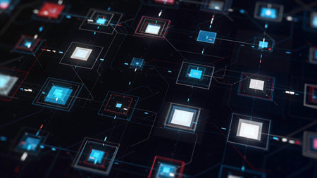 High tech computer circuit board with many signals flowing fast on black background. Animation. Animation. Abstract microcircuit with colorful square shaped pulsating details.の写真素材