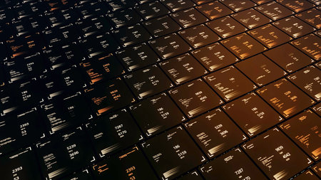 3D computer cells with numbers. Animation. Business structure in 3D computer graphics with moving cells. Moving cells with numeric data. Technologically moving series from numeric cellの写真素材