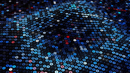 Waves on computer field with cells. Animation. Ripples on cybernetic field of numeric cells. Beautiful playing field in cyberspace with pulsating wavesの写真素材