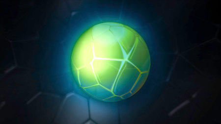 Glowing rotating ball on dark background with moving pattern. Motion. Colored ball pulsates and rotates with beautiful pattern. Changing pattern in style of bubbles on ball and backgroundの写真素材
